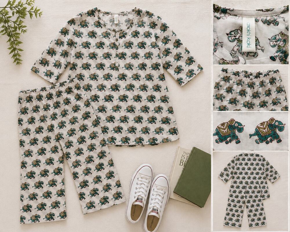 Anokhi Koki Kids Sz 8-9 Cotton Kurta Green Elephant All-Over Hand-Block Print